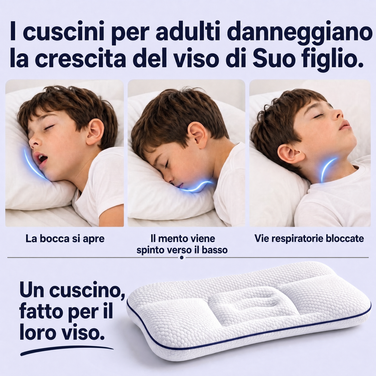 I cuscini per adulti danneggiano la crescita del viso: bocca aperta, mento spinto, vie respiratorie bloccate