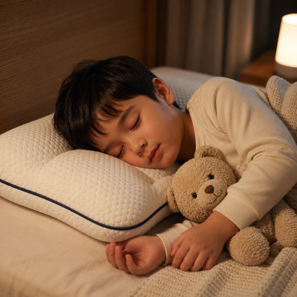Bambino che dorme tranquillo con il suo orsetto sul cuscino per bambini RipoZen