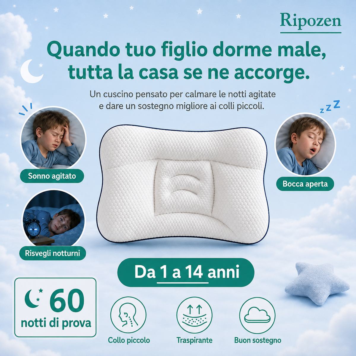 Il cuscino per bambini fatto per il suo collo